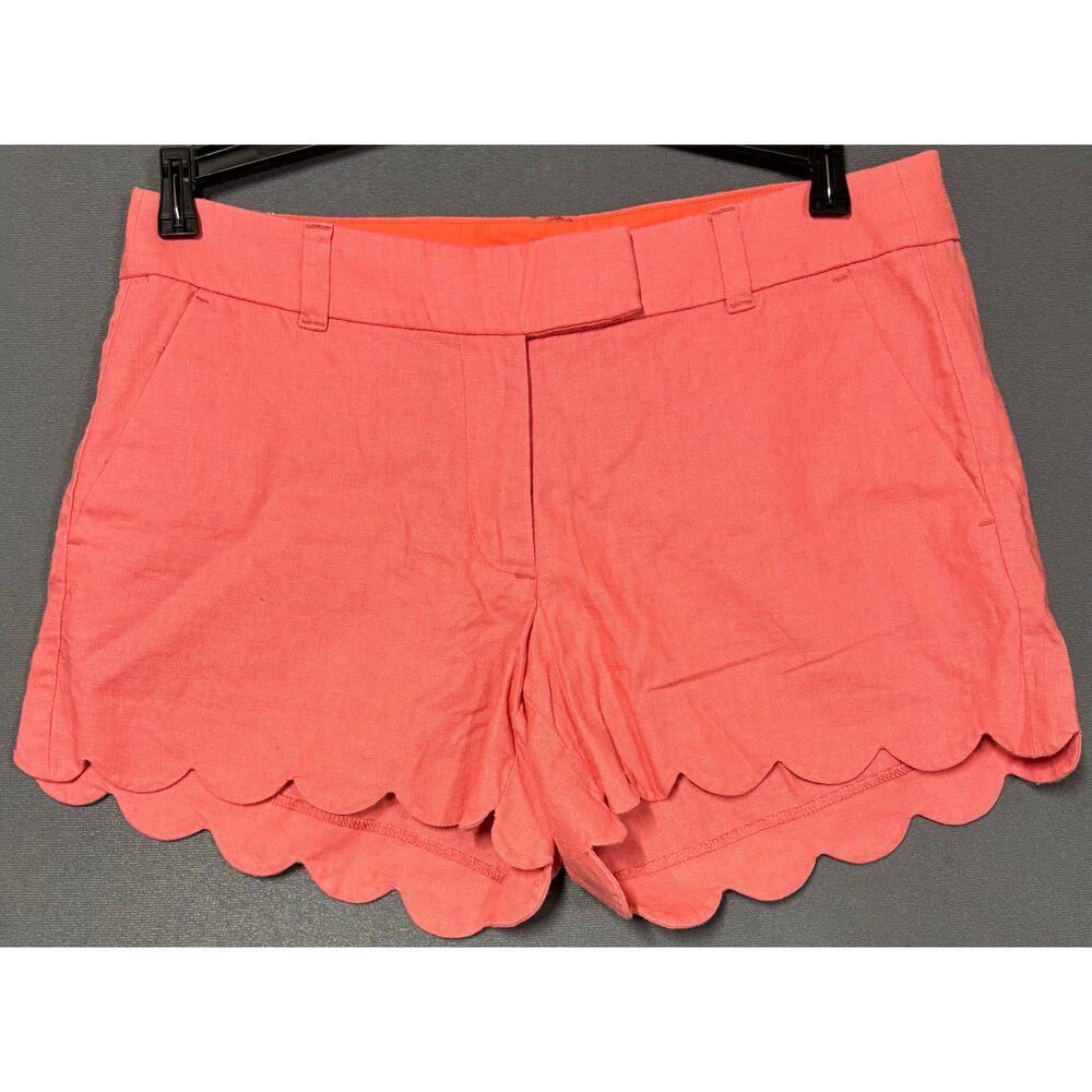 J Crew 4 Inch Scalloped Hem Shorts Size 8 Linen/Cotton Blend Coral Light